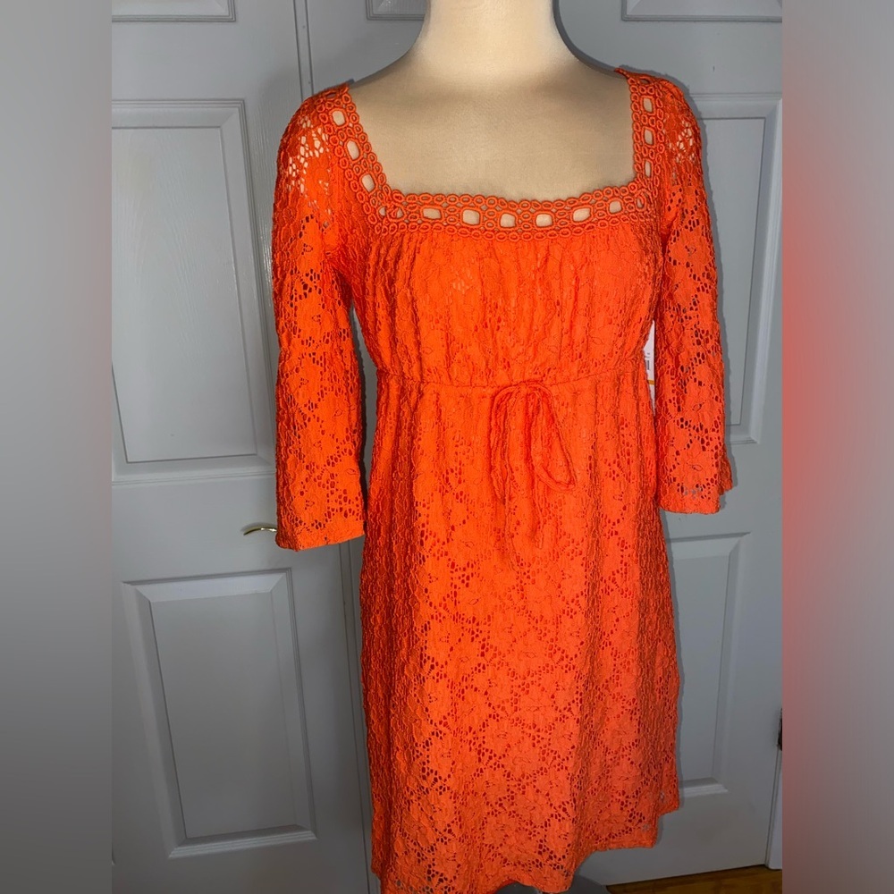 LAUNDRY by Shelli Segal Orange Eyelet Lace Bell Sleeve Dress | Size S | NWT